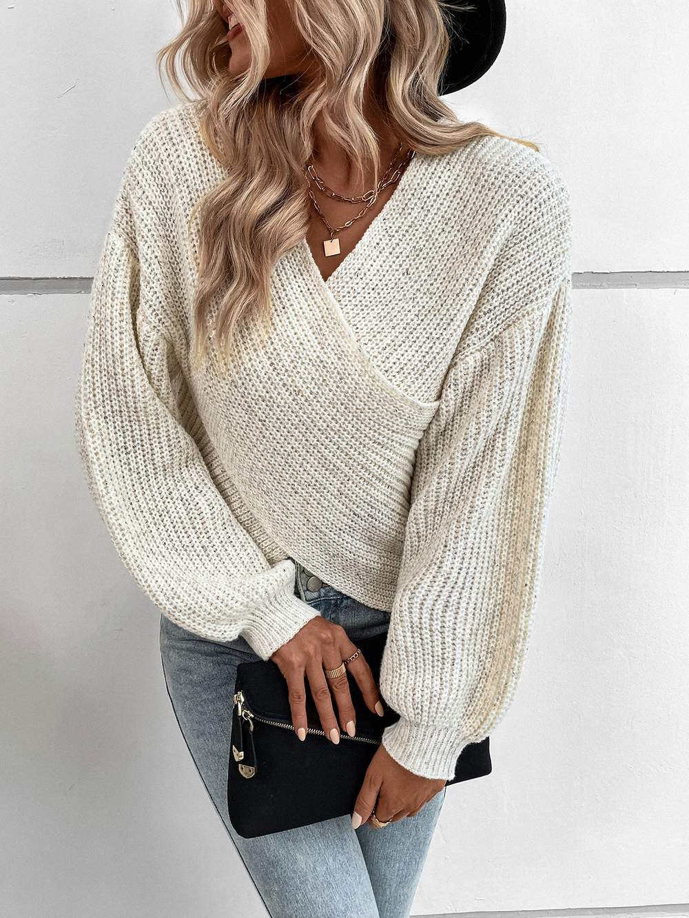Wrap Cross Drop Shoulder Marled Knit Sweater