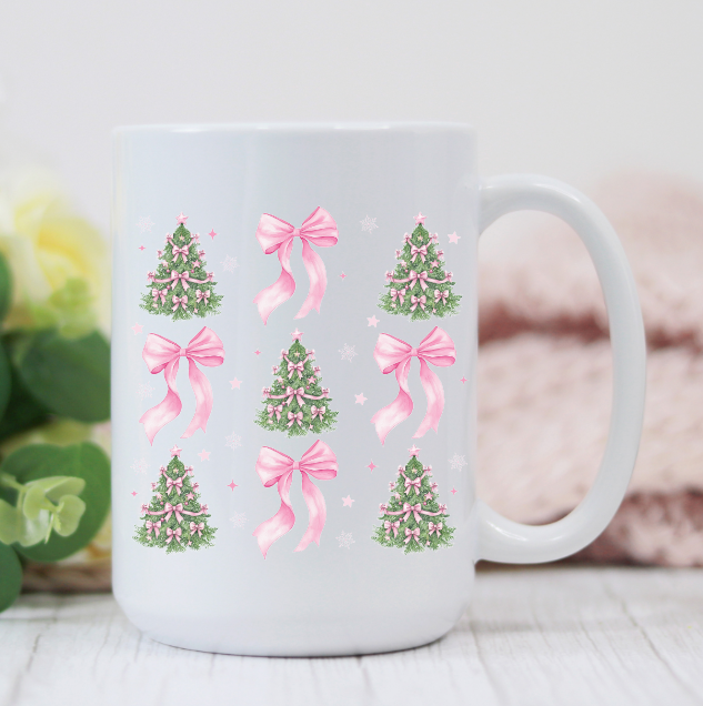 Pink Christmas Trees & Bow Couquette 15oz Coffee Mug