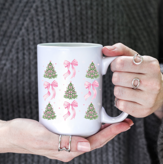 Pink Christmas Trees & Bow Couquette 15oz Coffee Mug