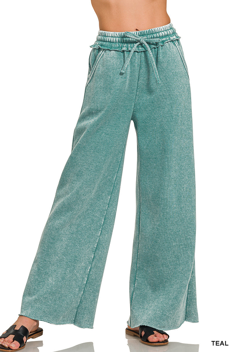 ACID WASH FLEECE PALAZZO SWEATPANTS WITH POCKETS- Teal