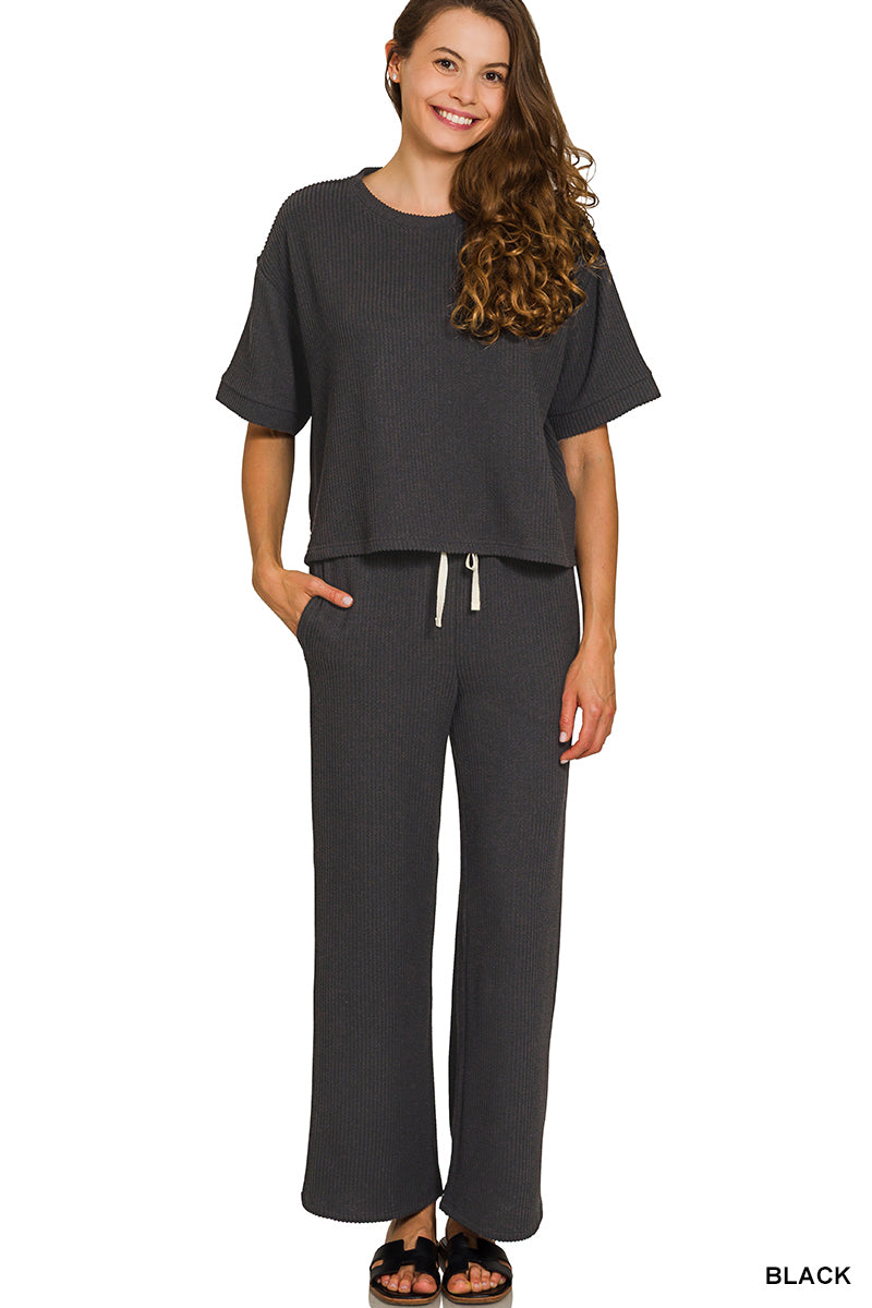 RAISED RIB SHORT SLEEVE TEE & PANTS SET-Mocha