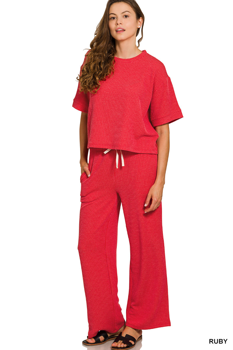 RAISED RIB SHORT SLEEVE TEE & PANTS SET-Mocha