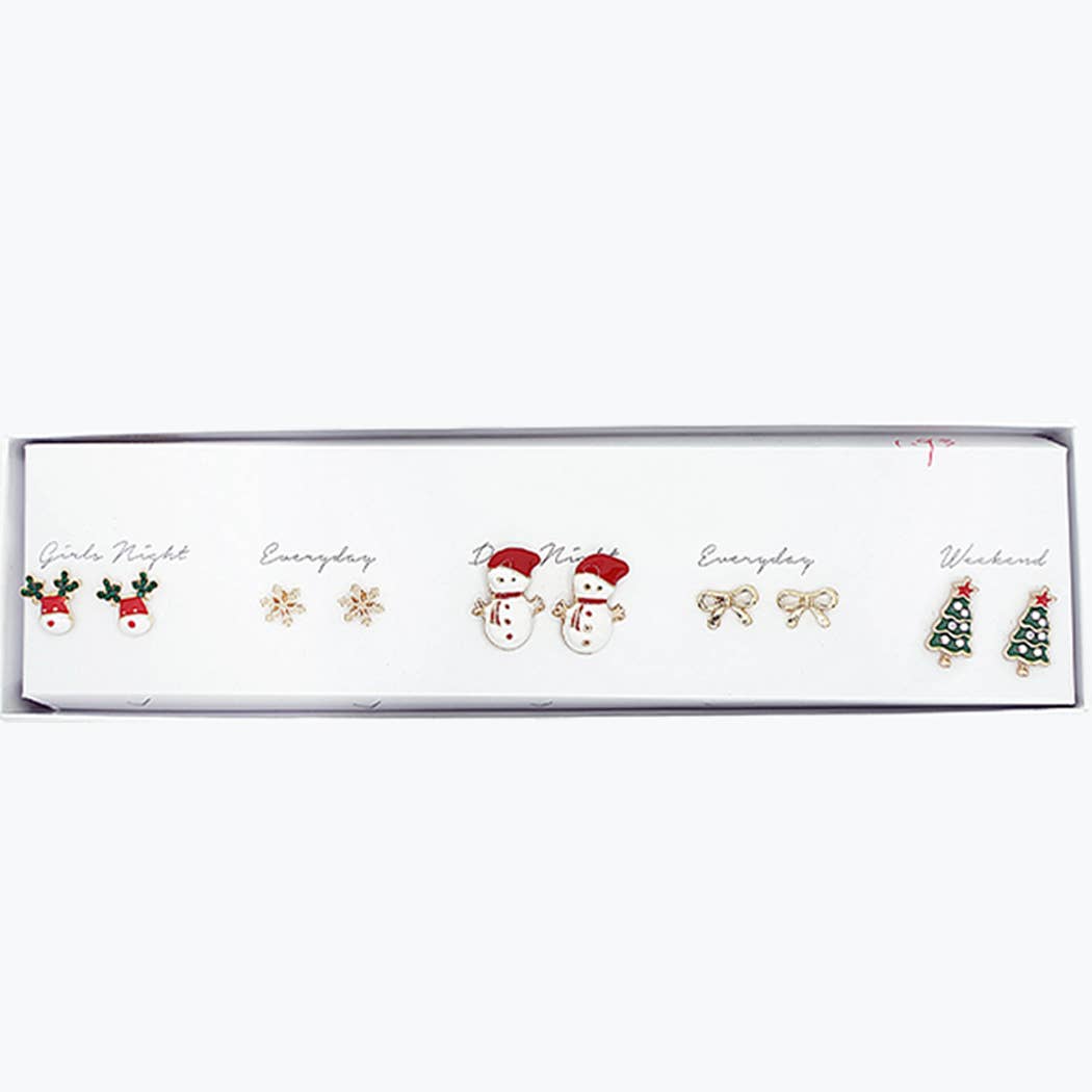 Christmas-Themed 5-Pair Stud Earrings Set with Box
