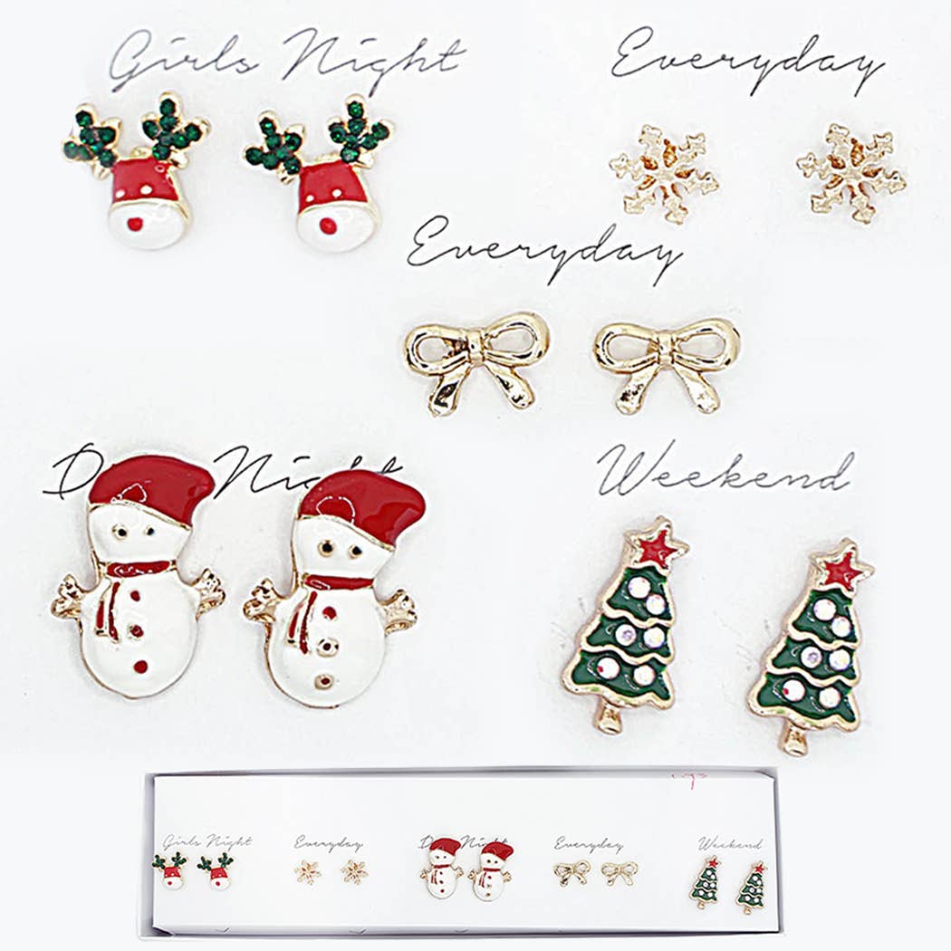 Christmas-Themed 5-Pair Stud Earrings Set with Box