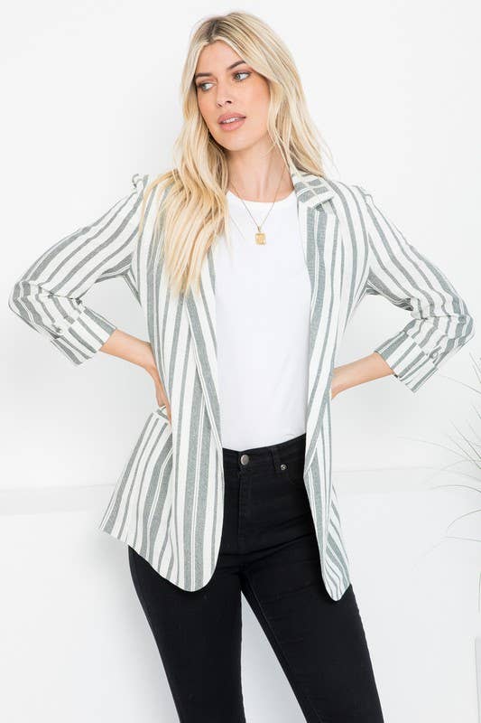 Linen Blend Stripe Roll Up Blazer