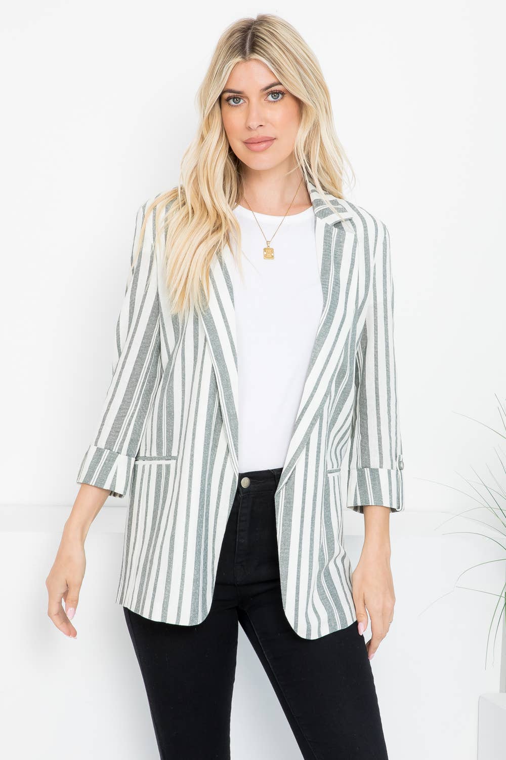 Linen Blend Stripe Roll Up Blazer