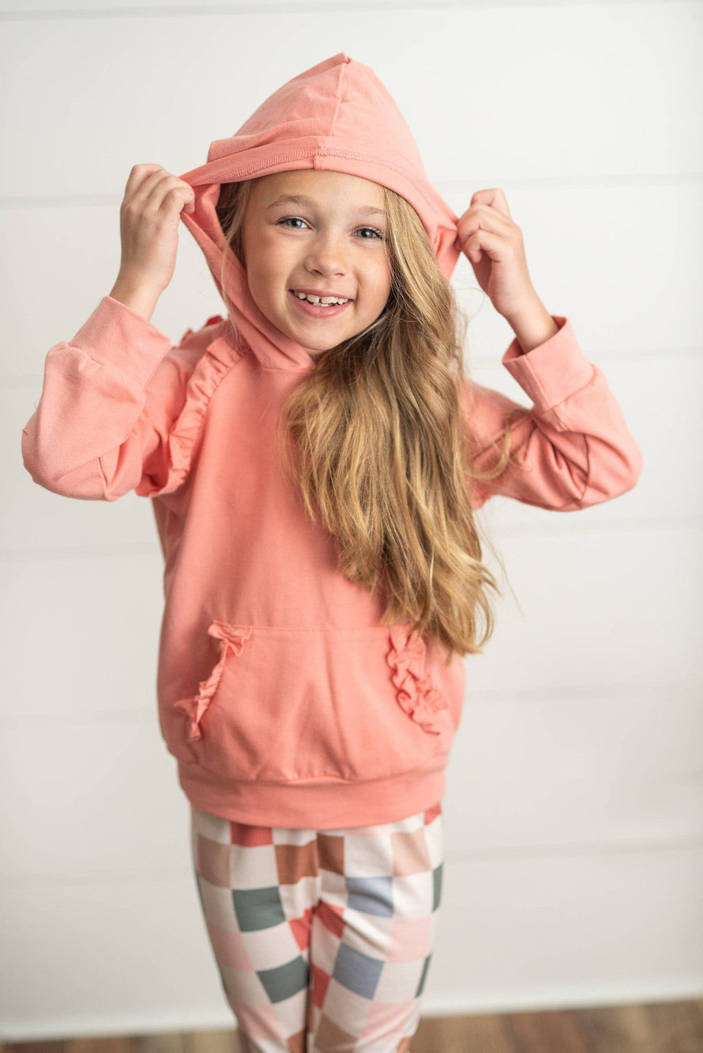 Kids Terra Cotta Ruffle Hoodie and Check Leggings Set