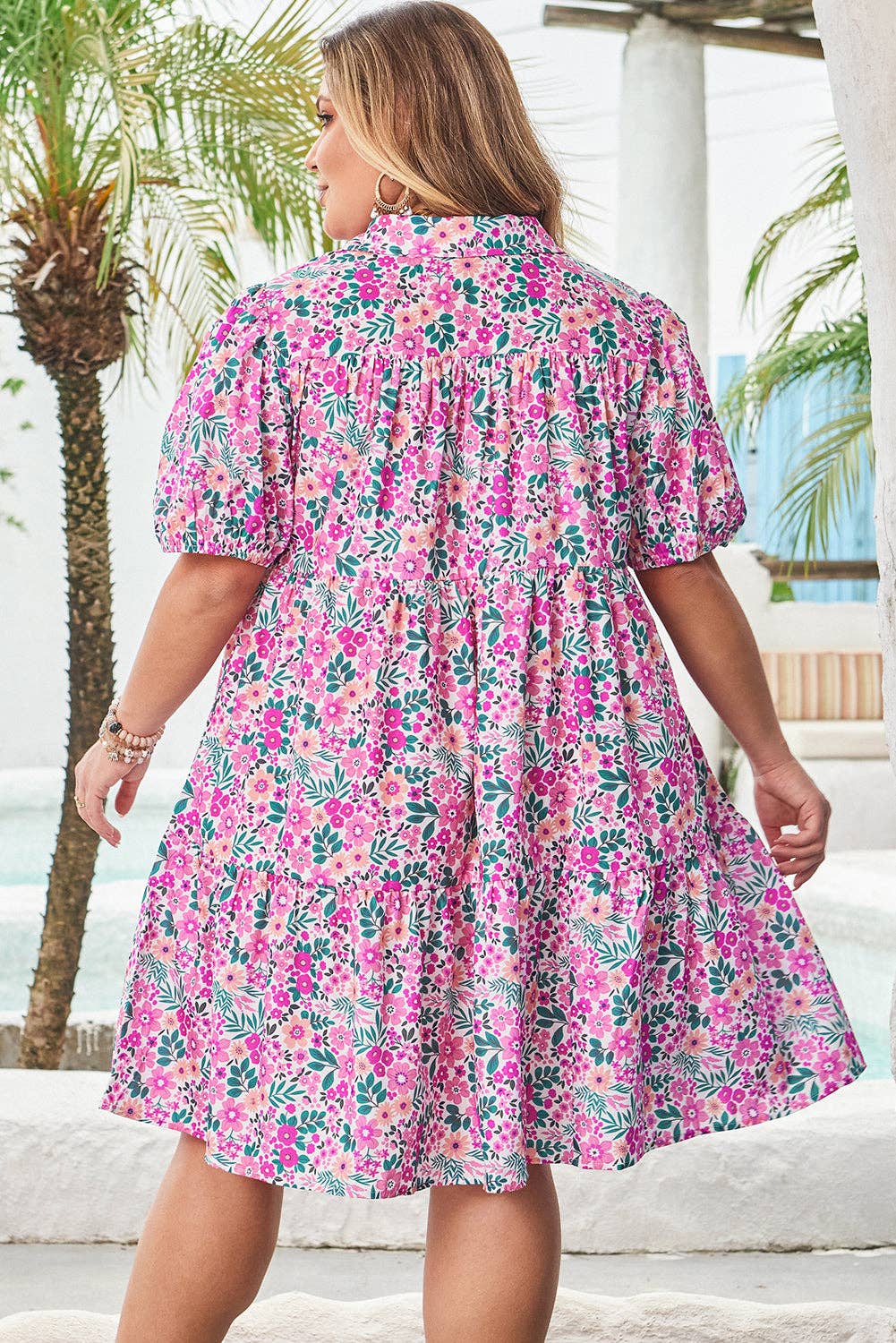 Plus Size Easter Floral Puff Sleeve Button  Dress
