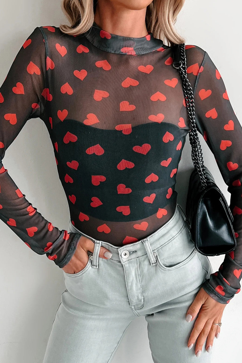 Black Valentines Heart Printed Sheer Mesh