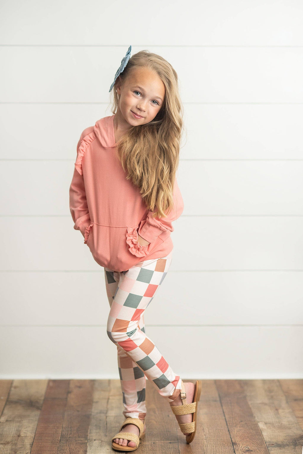 Kids Terra Cotta Ruffle Hoodie and Check Leggings Set