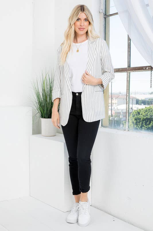 Linen Blend Stripe Roll Up Blazer