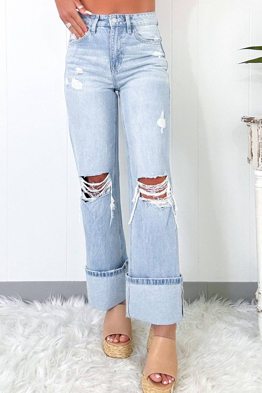 Light Wash Distressed Flare Jeans