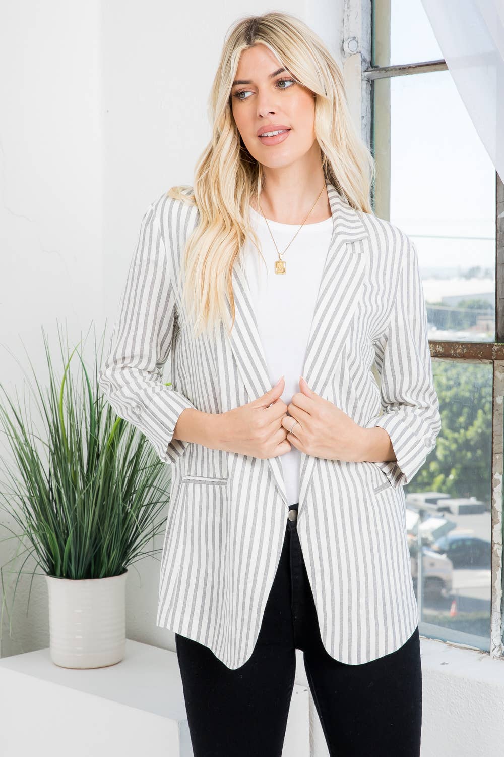 Linen Blend Stripe Roll Up Blazer