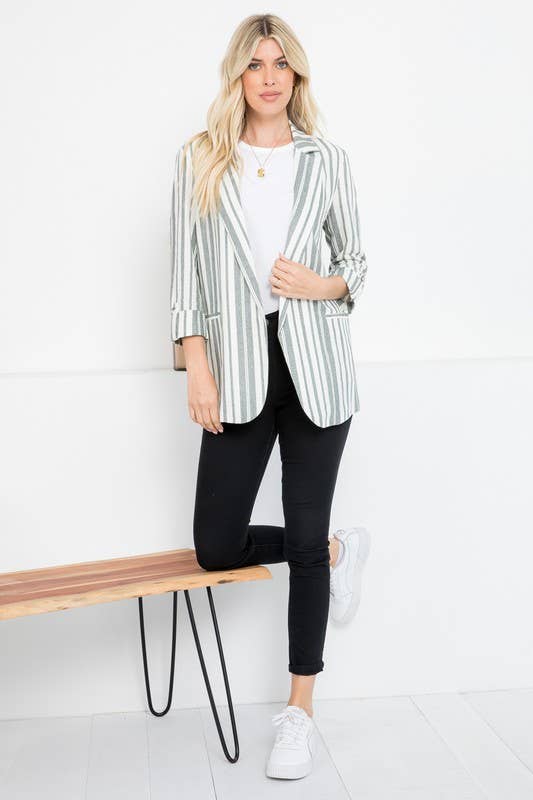 Linen Blend Stripe Roll Up Blazer