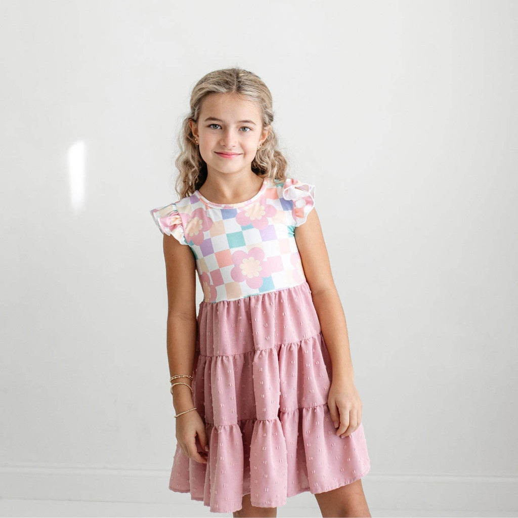 Girls Pink Check Retro Swiss Dot Spring Easter Dress
