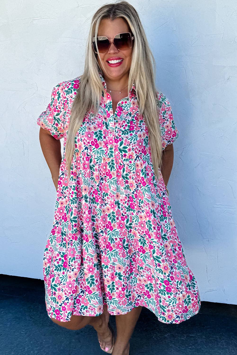 Plus Size Easter Floral Puff Sleeve Button  Dress