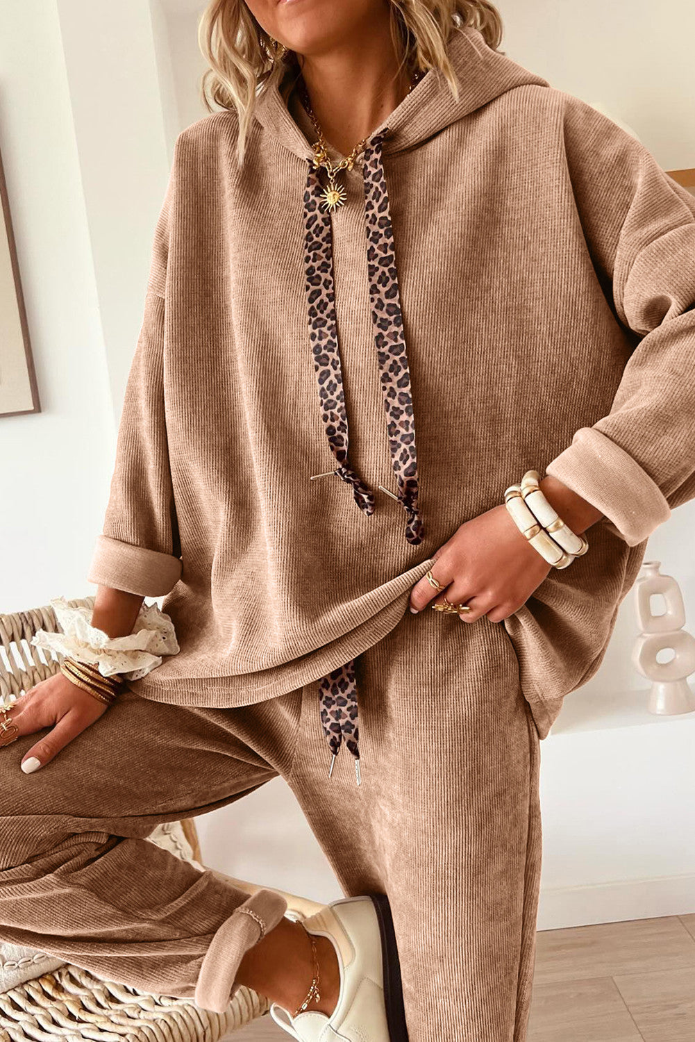 Dark Khaki Leopard Drawstring Pullover Hoodie and High Waist Pants