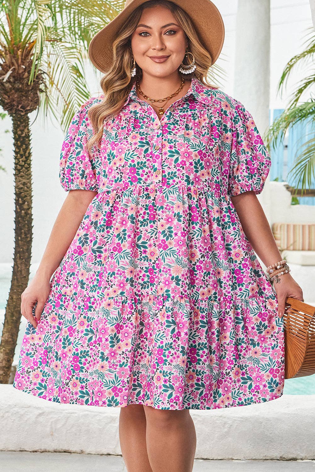 Plus Size Easter Floral Puff Sleeve Button  Dress