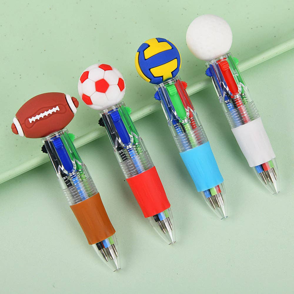 Mini 4-Color Ballpoint Pen with Sports Ball Top (Soccer, Basketball, Football)Click Retractable Planner Pen