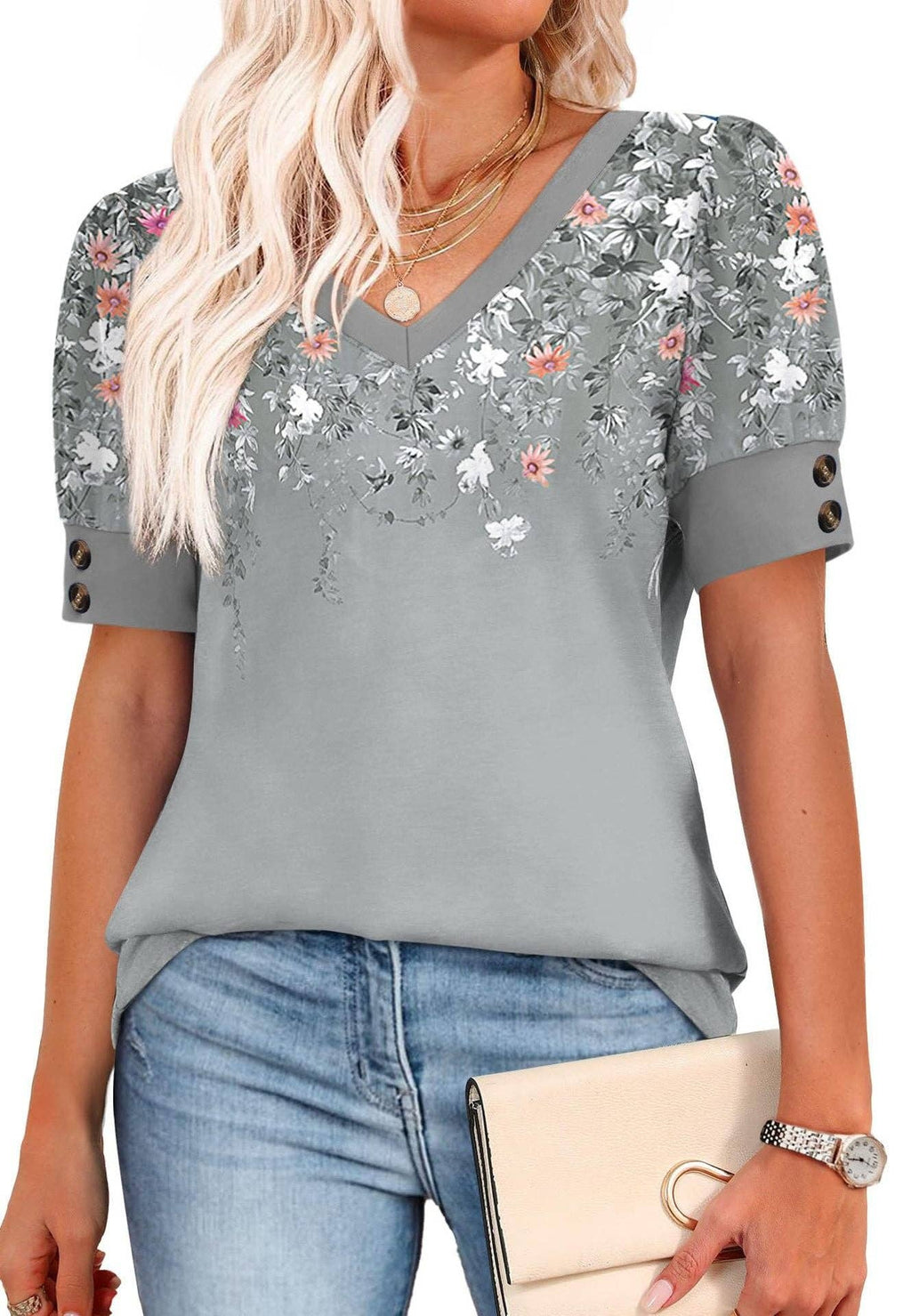 Floral V Neck Short Sleeve Loose Fit Casual Blouse Top