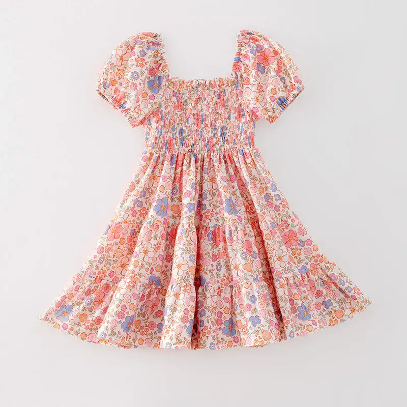 Girls Summer Easter Floral Print Smocked Dress