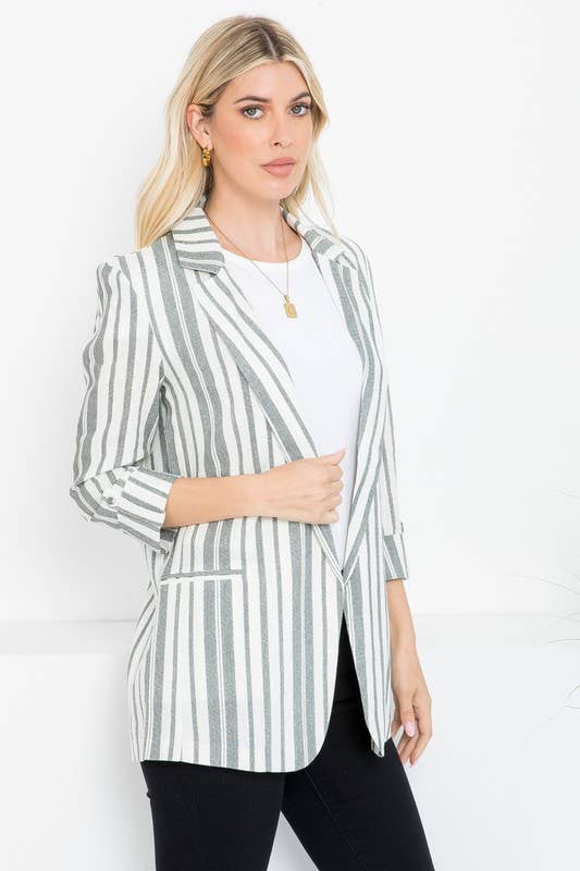 Linen Blend Stripe Roll Up Blazer