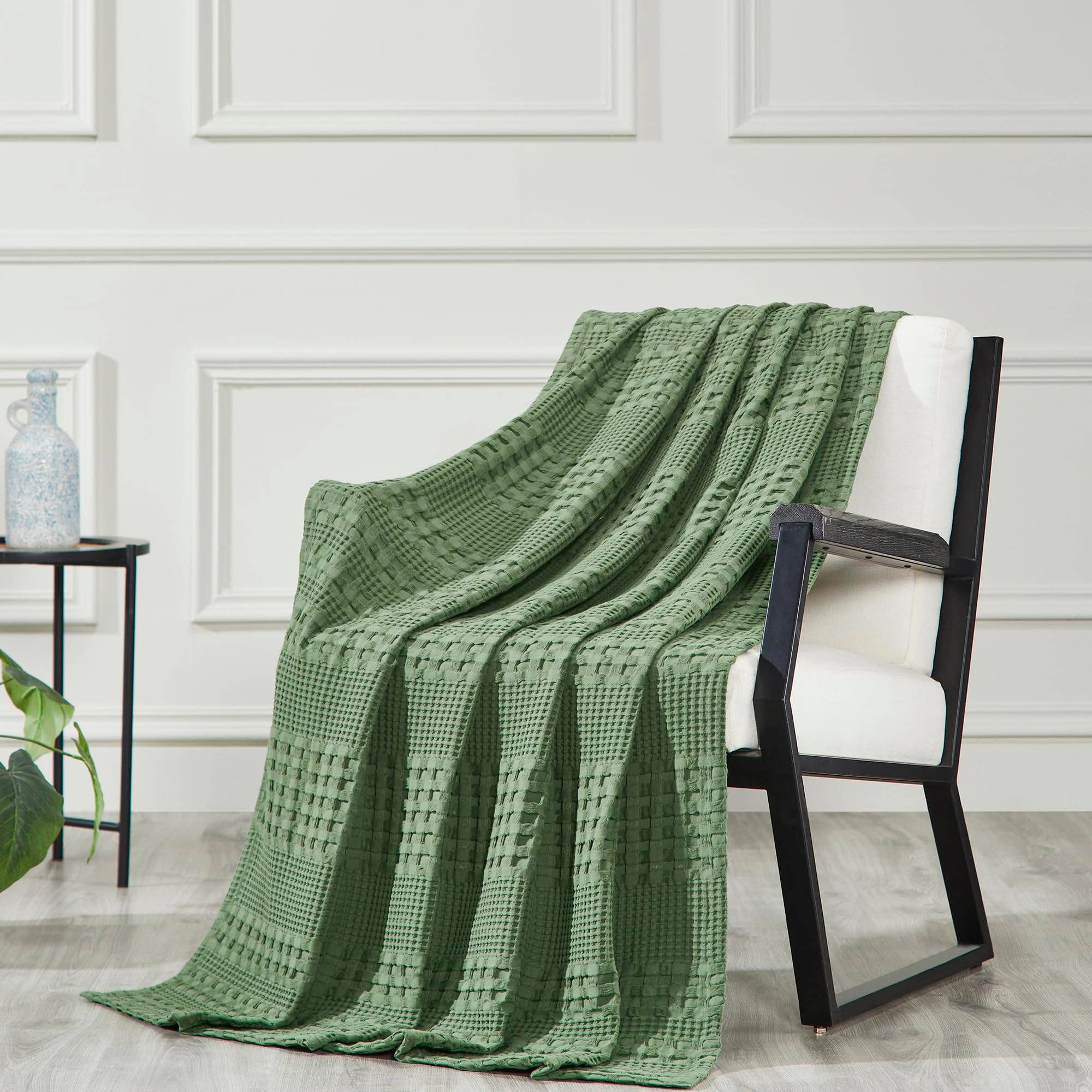 Waffle Weave Olive Green Throw Blanket 50x60