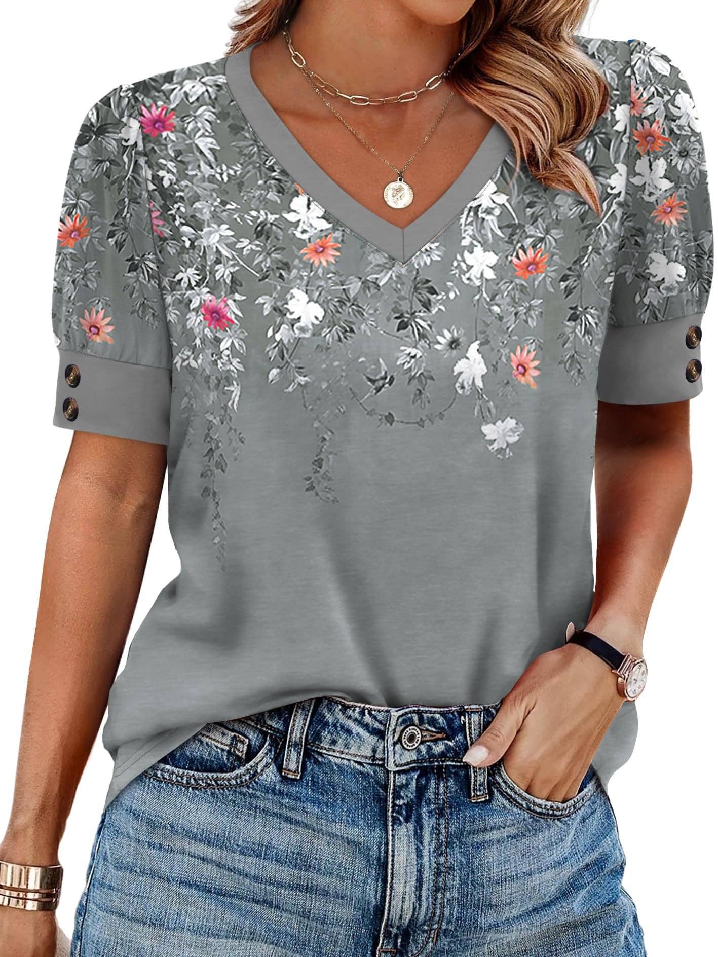 Floral V Neck Short Sleeve Loose Fit Casual Blouse Top