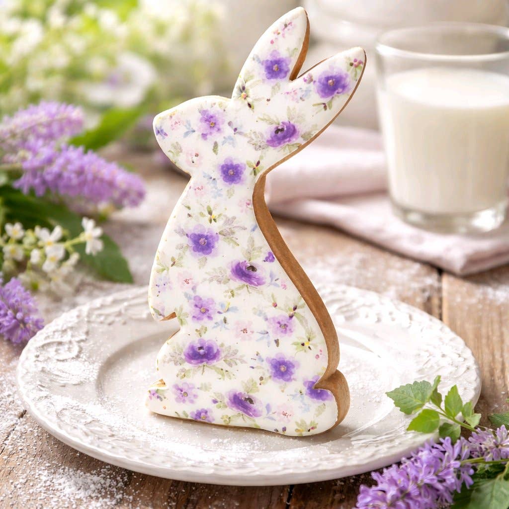 Wooden Standing Bunny with a Purple Floral Print 10x4in