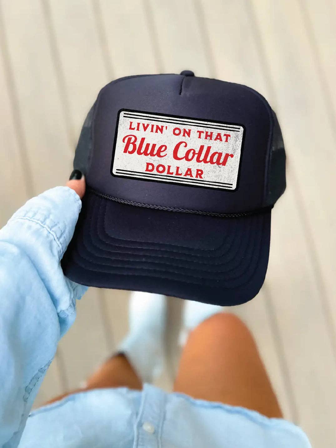 Livin on that Blue Collar Dollar  Black Trucker Hat