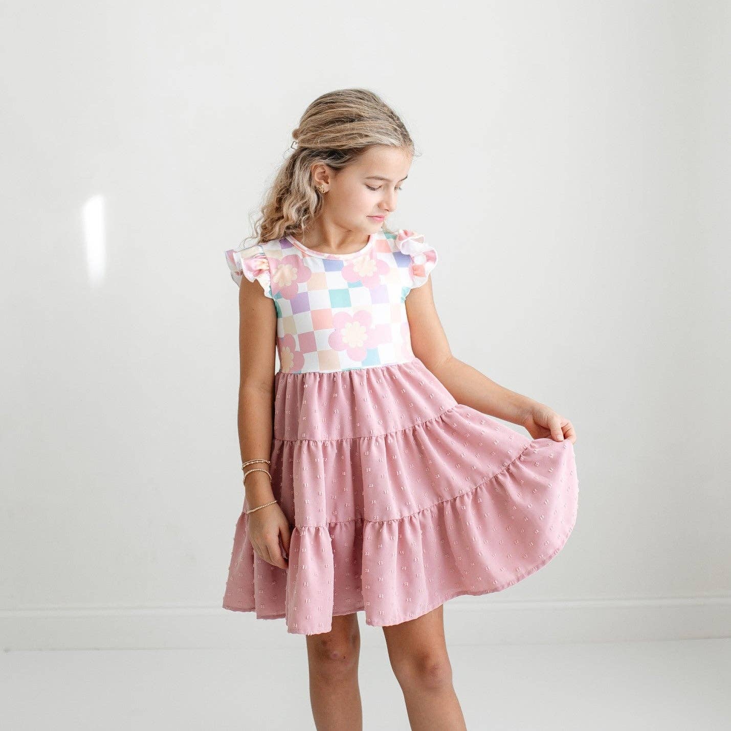 Girls Pink Check Retro Swiss Dot Spring Easter Dress