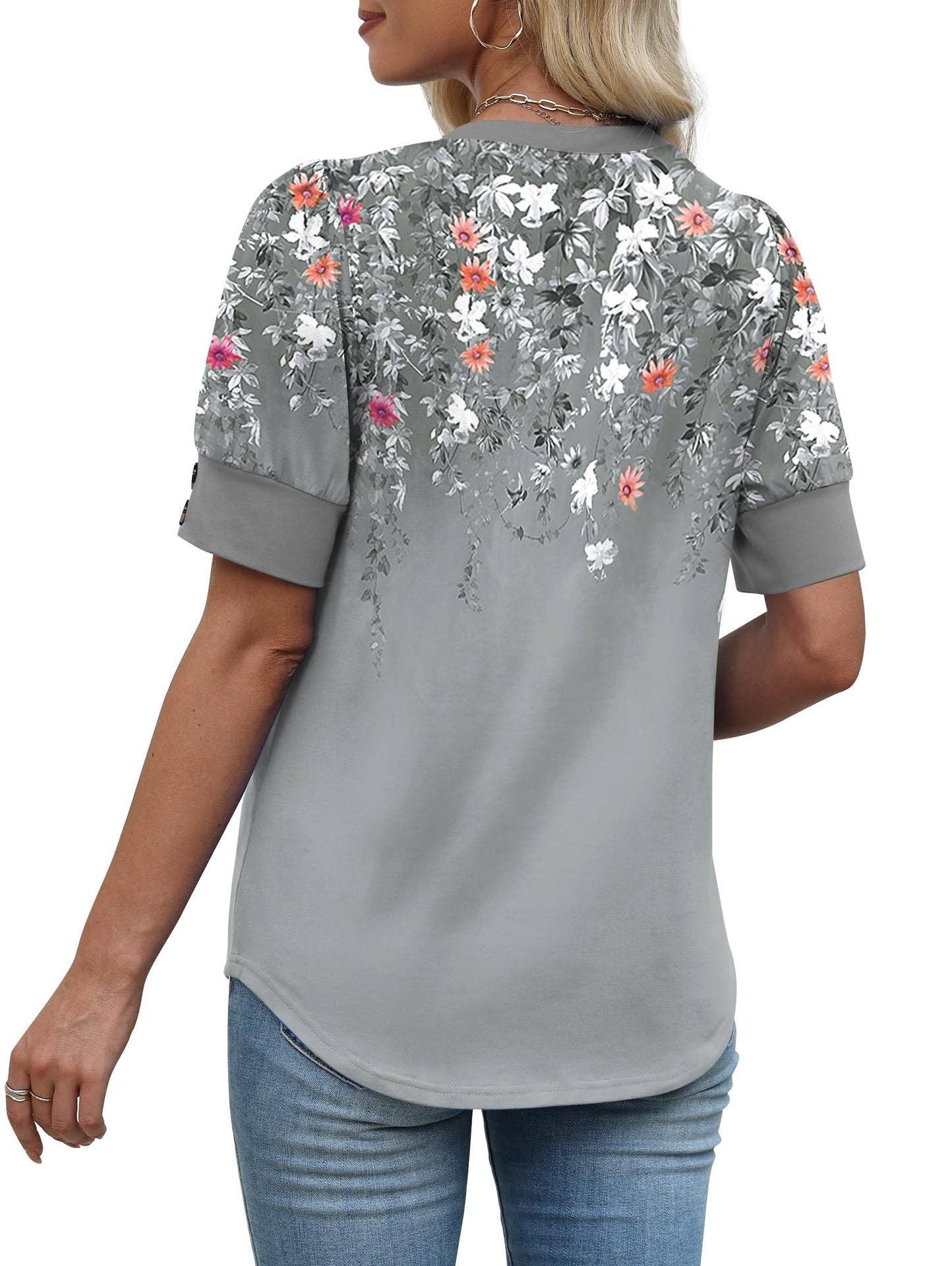 Floral V Neck Short Sleeve Loose Fit Casual Blouse Top