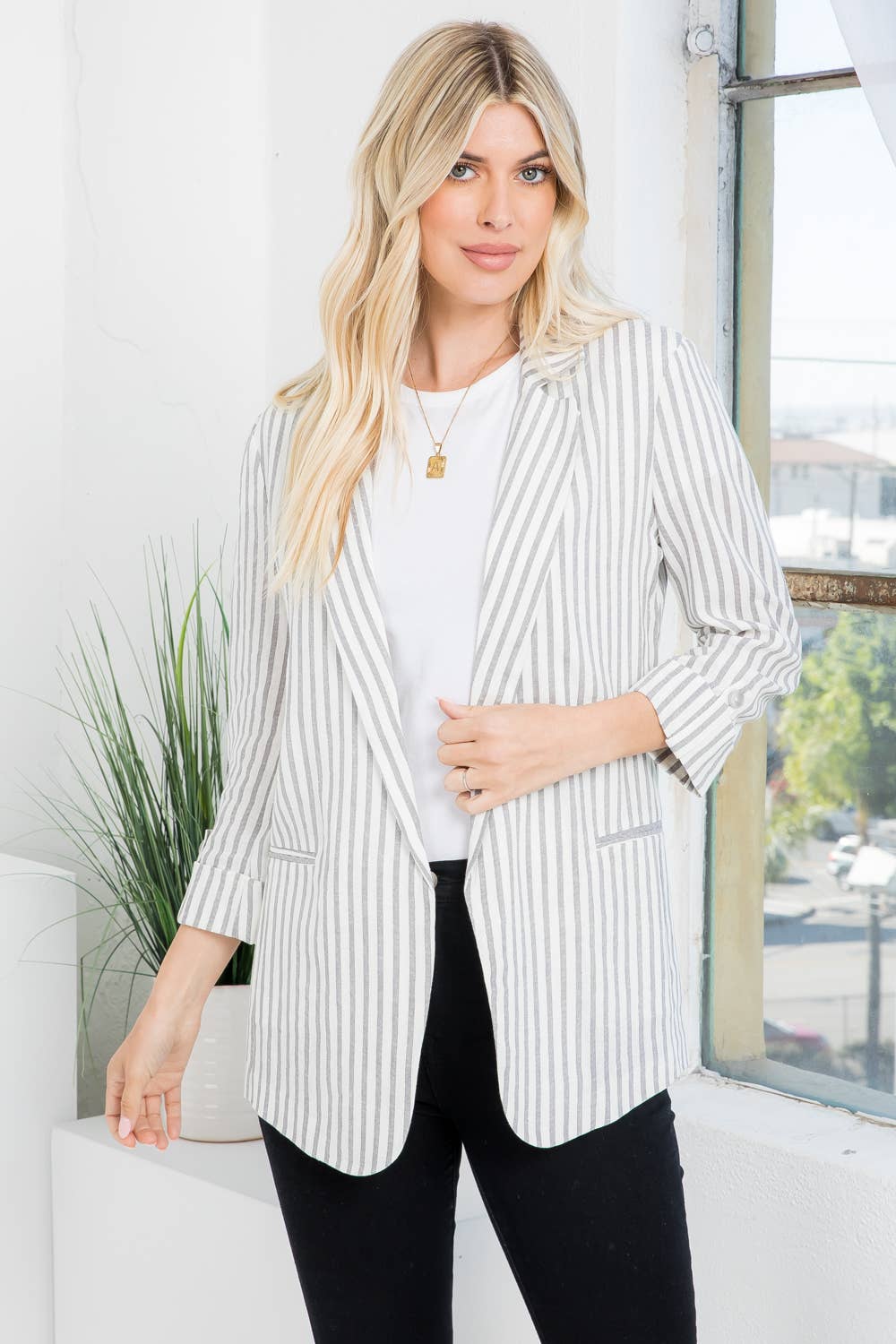 Linen Blend Stripe Roll Up Blazer