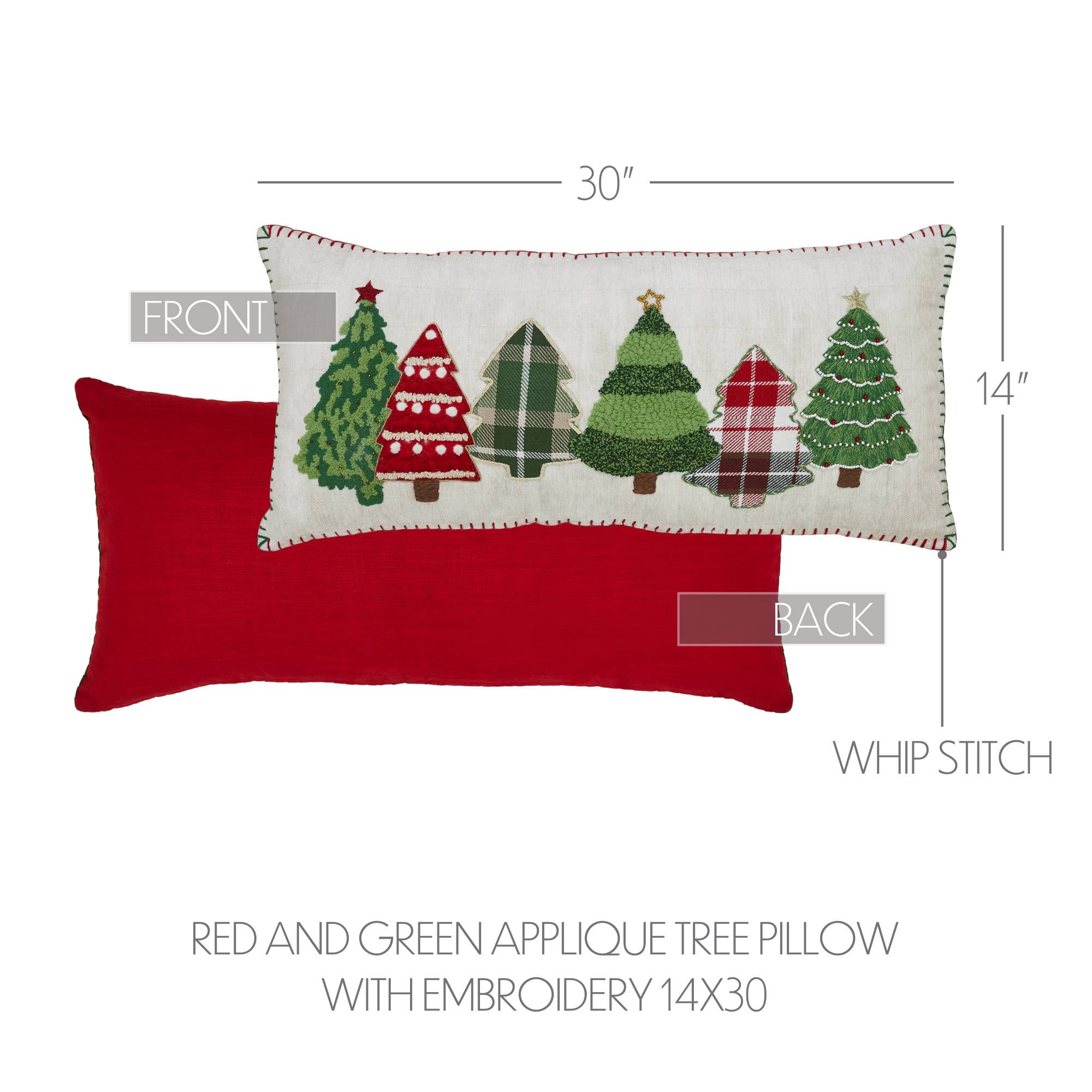 Red and Green Applique Tree Pillow with Embroidery 14x30