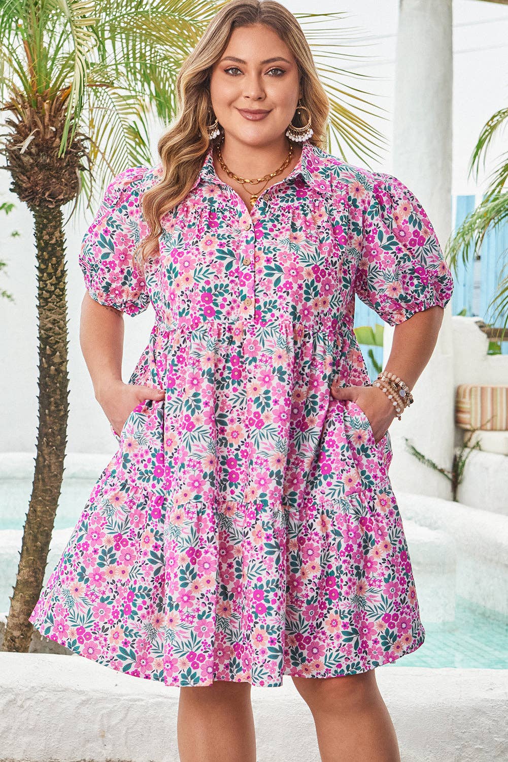 Plus Size Easter Floral Puff Sleeve Button  Dress