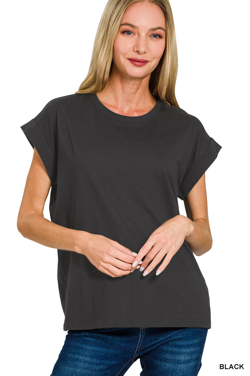 ROUND NECK FOLDED SHORT SLEEVE T-SHIRT