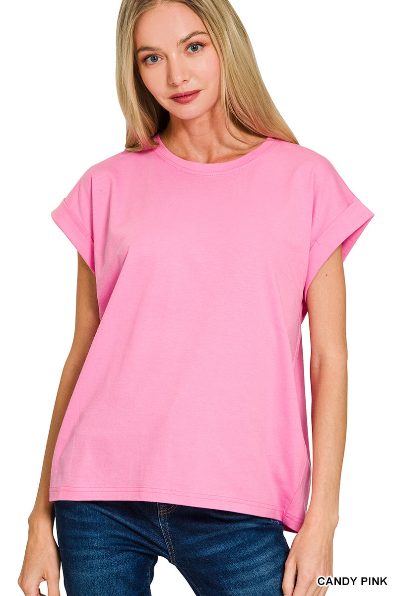 ROUND NECK FOLDED SHORT SLEEVE T-SHIRT