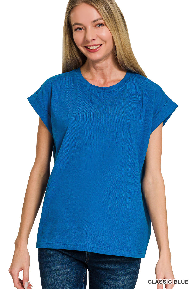 ROUND NECK FOLDED SHORT SLEEVE T-SHIRT