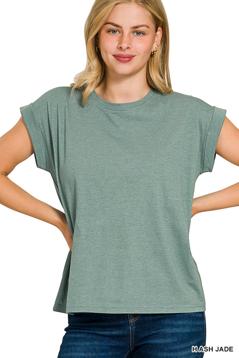 ROUND NECK FOLDED SHORT SLEEVE T-SHIRT