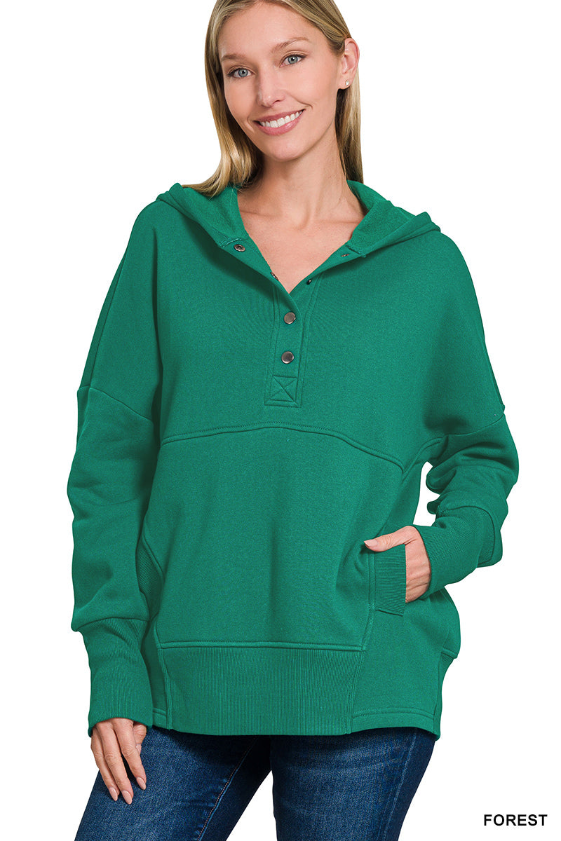 Half button hooded pullover w/ pockets- Forest
