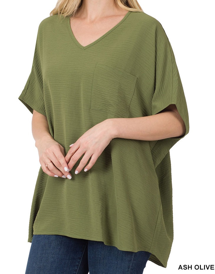 WOVEN AIRFLOW V-NECK DOLMAN SHORT SLEEVE TOP