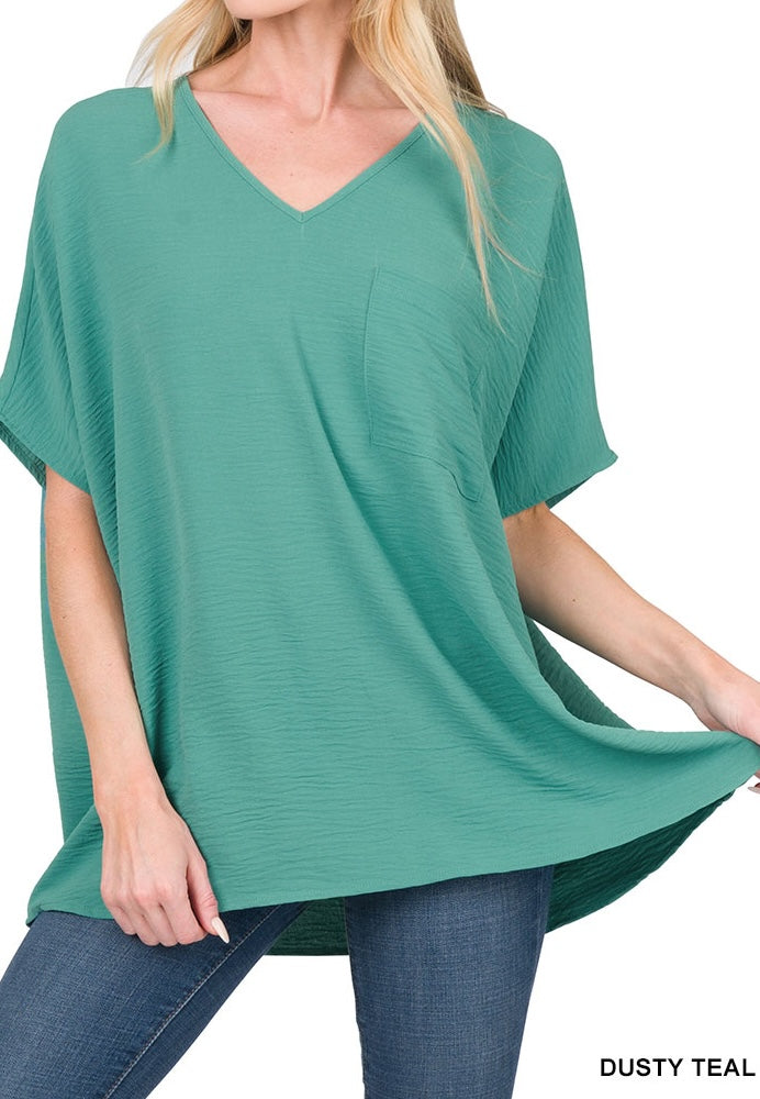 WOVEN AIRFLOW V-NECK DOLMAN SHORT SLEEVE TOP