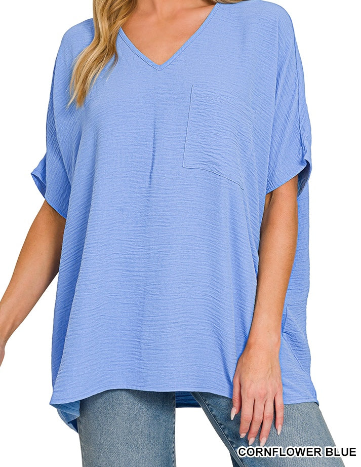 WOVEN AIRFLOW V-NECK DOLMAN SHORT SLEEVE TOP