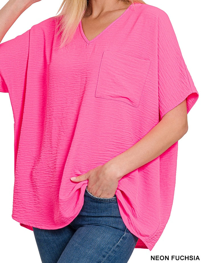 WOVEN AIRFLOW V-NECK DOLMAN SHORT SLEEVE TOP