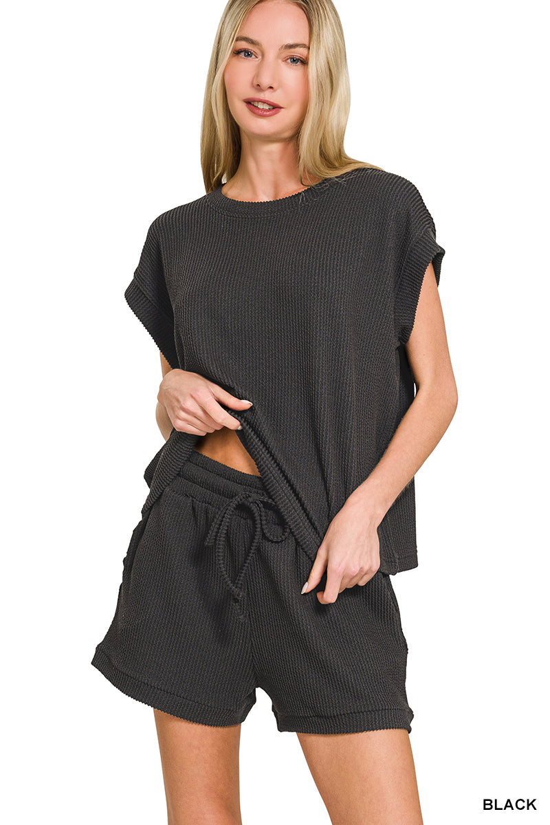 RAISED RIB CAP SLEEVE TOP & SHORTS SET