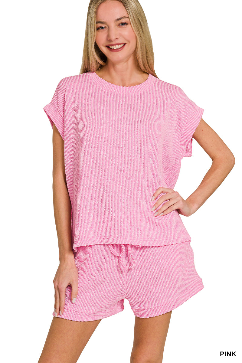 RAISED RIB CAP SLEEVE TOP & SHORTS SET