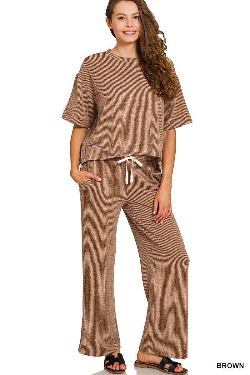 RAISED RIB SHORT SLEEVE TEE & PANTS SET-Mocha