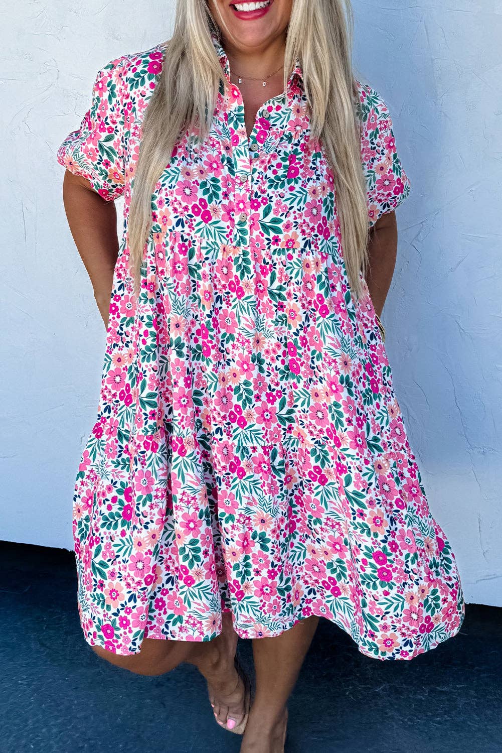 Plus Size Easter Floral Puff Sleeve Button  Dress