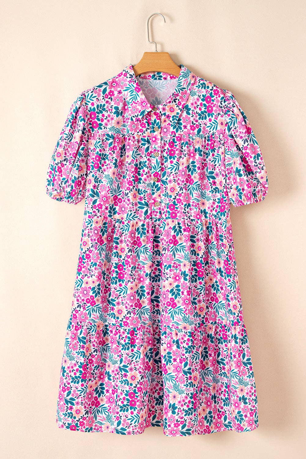 Plus Size Easter Floral Puff Sleeve Button  Dress