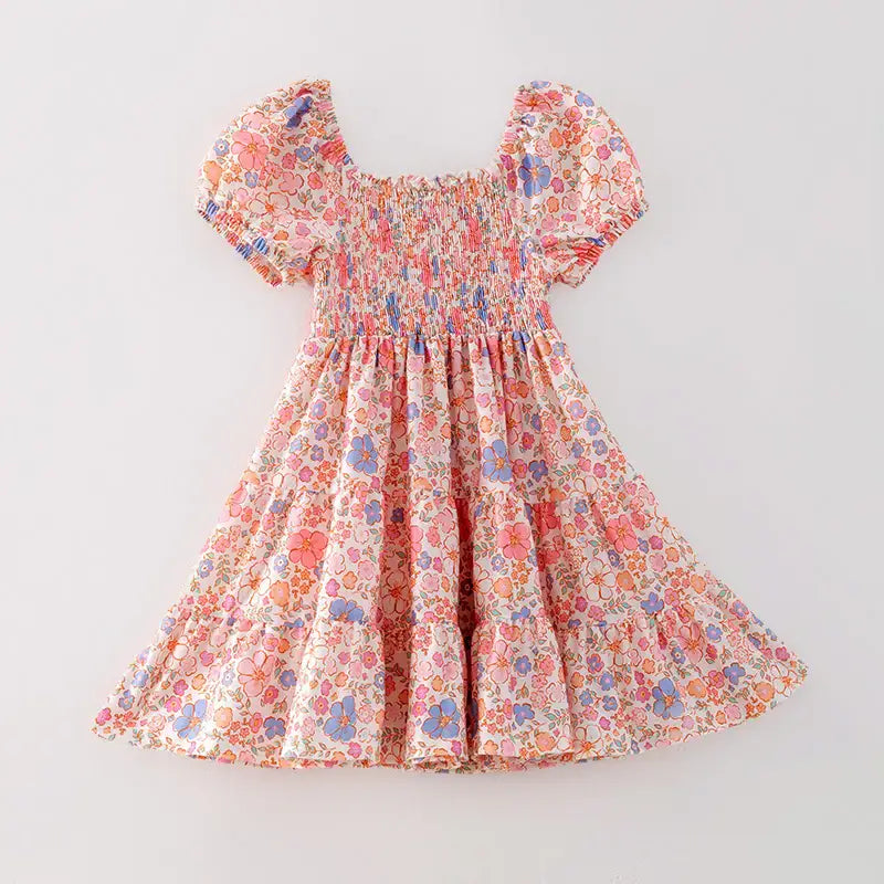 Girls Summer Easter Floral Print Smocked Dress
